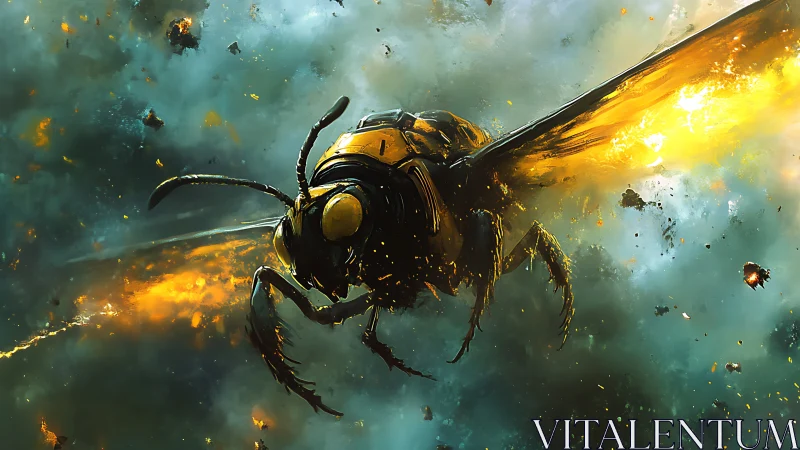 Explosive macroview of cybernetic hornet in nebular debris field.