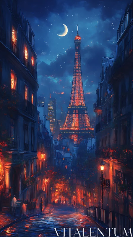 Midnight Parisian street under glowing Eiffel Tower haze.
