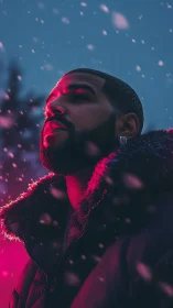 Moody winter portrait in neon pink and blue snowfall glow.