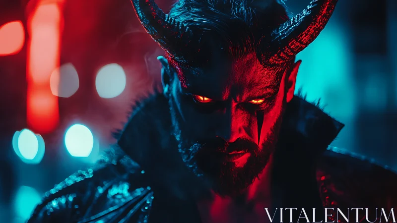 Demonic figure glares through neon haze in moody portrait