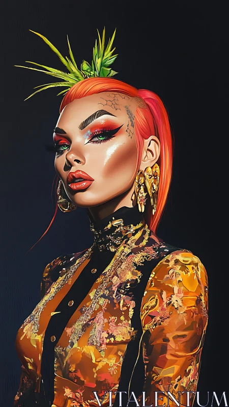 Vibrant digital portrait of neon glam woman in gold couture.