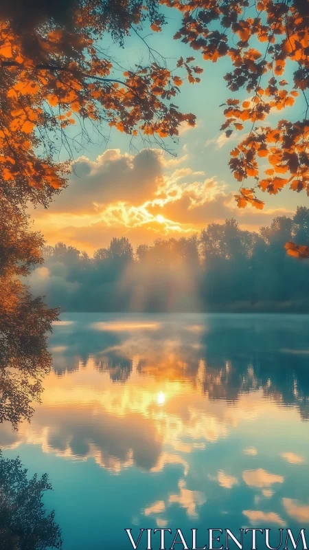 Sunset sky and autumn trees reflected symmetrically on lake