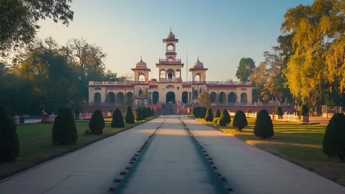 Symmetrical garden axis leading to Indo-Islamic pavilion façade