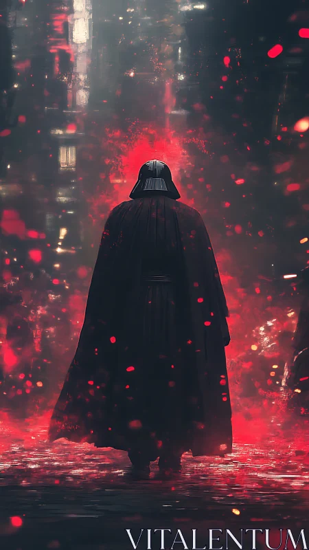 Dark armored figure stands in glowing red atmospheric haze