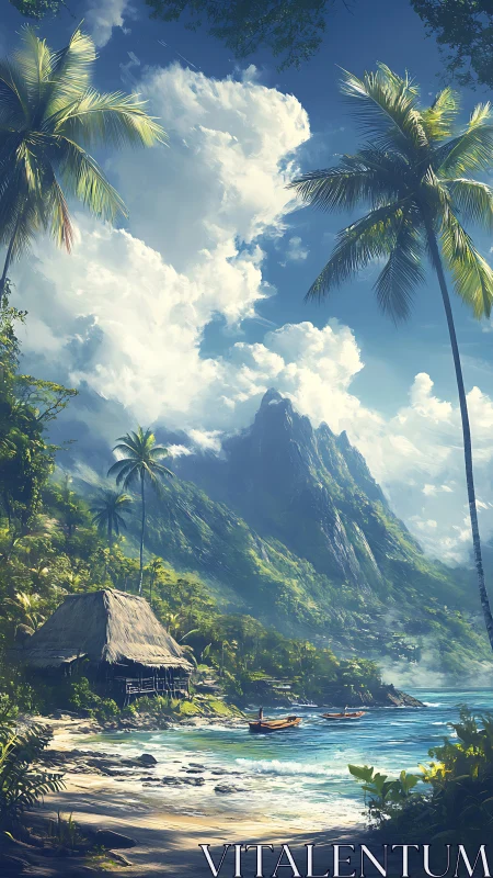 Tropical Coastal Scene with Towering Volcanic Peak and Layered Atmospheric Rendering