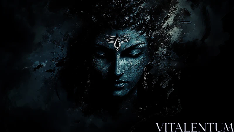 Blue-toned stylized face emerges from textured dark field