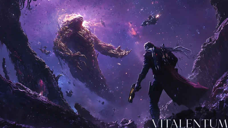 Starlit space adventurer facing a colossal cosmic guardian.