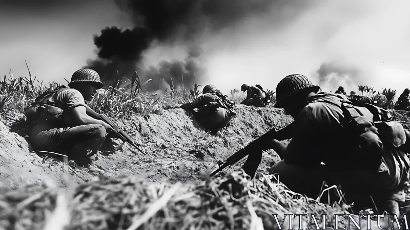 Infantry soldiers advancing through smoke-filled battlefield.