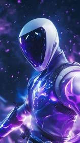Futuristic helmeted figure in glowing purple energy field.