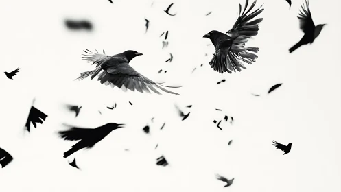 Midair crow duet swirling through scattered silhouettes.
