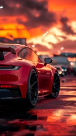 Rear three-quarter view sports coupe under vivid wet sunset