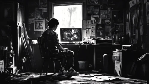 Solitary gamer in monochrome bedroom studio interior.