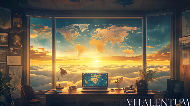Cozy skyview study with glowing world map sunrise window.