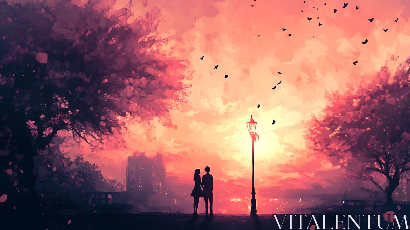 Silhouetted Couple Watches Crimson Sunset Through Urban Oasis.