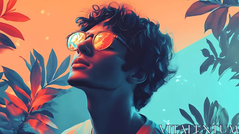 Neon daydreamer beneath split skies and electric foliage.