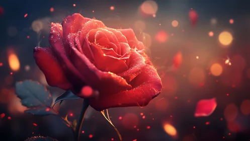 Illuminated Red Rose with Prismatic Bokeh and Particle Effects Rendering