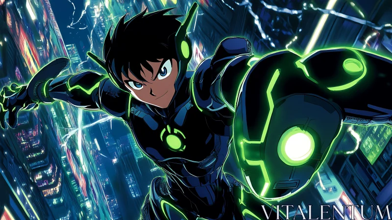 Armored character in neon-lit cityscape, forward motion.