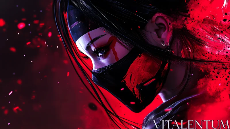 Digital painting portrait of masked cyber assassin in red field.