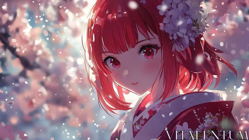 Blossom-lit girl in crimson kimono beneath drifting petals.