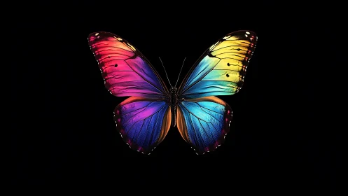 Iridescent butterfly wings glow against pure black void.
