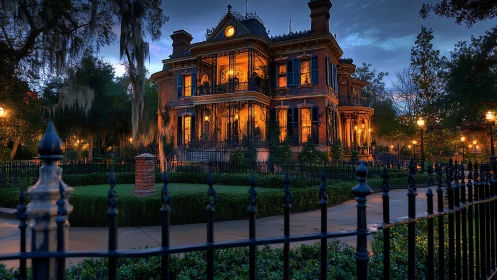 Gothic manor glows at dusk behind wrought iron whispers.