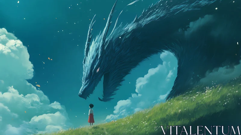 Child facing large dragon in bright open landscape scene.