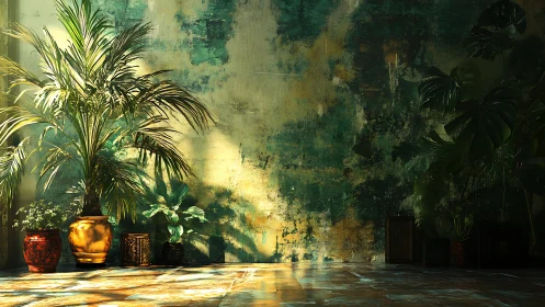 Indoor potted palms against textured sunlit wall.