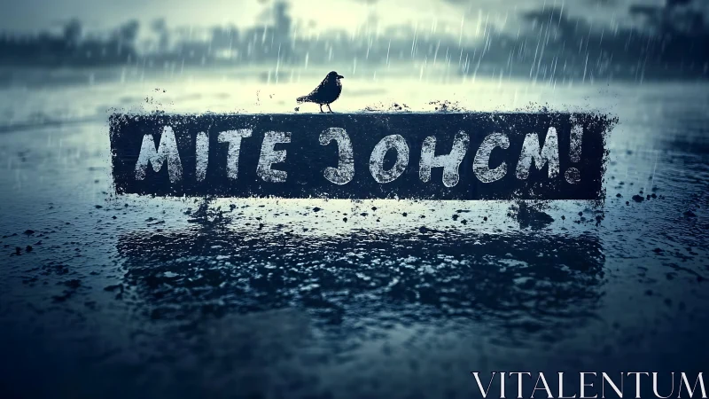 Stormlit crow and worn roadside text in driving rain.