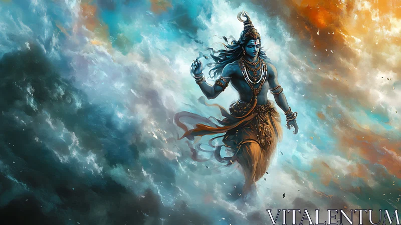 Divine blue deity strides through turbulent chromatic clouds