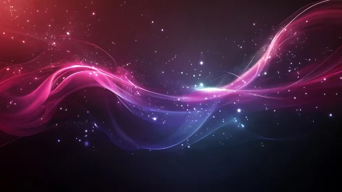 Colored light waves on dark background with particle field.