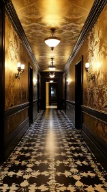 Opulent golden hallway glows with patterned vintage elegance