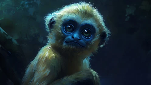 Digital painting portrait of luminous-eyed baby monkey.