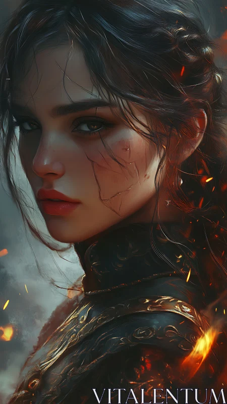 Digital painting portrait of scarred warrior in ember-lit armor.