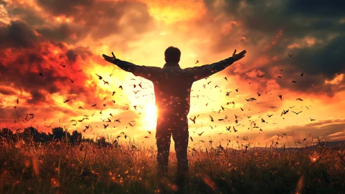 Sunlit silhouette greets a storm of birds at burning dusk.