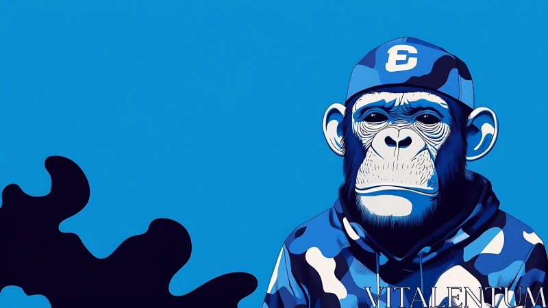 Vector chimpanzee portrait in blue camo hoodie and cap profile