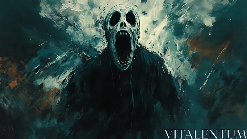 Screaming skull figure in swirling dark abstract mist.