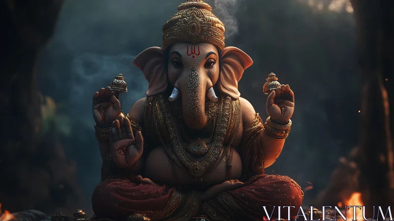 Golden Lord Ganesha idol in detailed digital artwork.