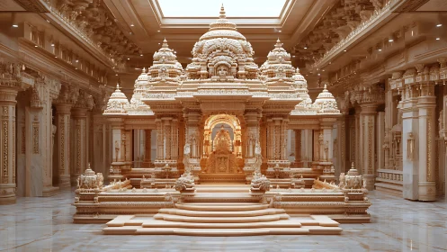 Intricately carved stone temple interior under diffused skylight