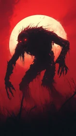 Shadowed moonlit creature emerging in eerie crimson glow.