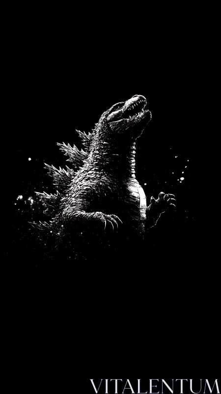 Monochrome kaiju silhouette emerges in stark high-contrast chiaroscuro