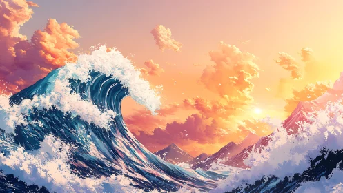 Crashing ocean wave meets glowing sunset over sharp peaks.