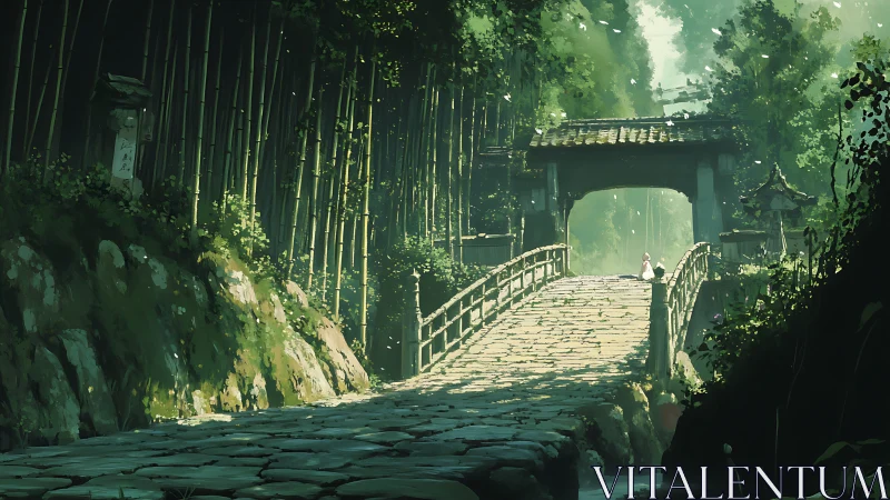 Stone bridge leads to tranquil bamboo forest gate at dawn.