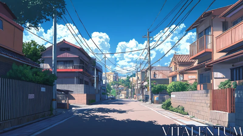 Residential Japanese street under clear summer sky at noon.