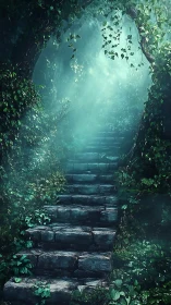 Stone stairway ascends through misty enchanted forest.