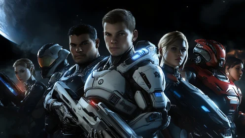 Courageous space squad stands united in glowing armor