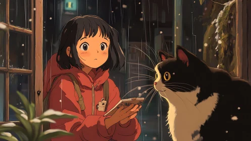 Anime night scene with girl and cat in softly lit snowfall.
