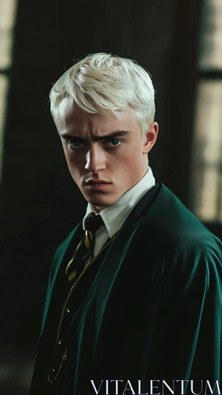 Blond student in green robe holds intense focused gaze.