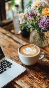 Latte art and laptop on rustic café workspace tabletop.