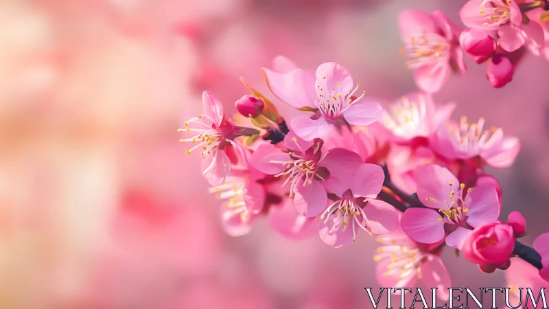 Delicate pink cherry blossoms with golden stamens in sharp macro focus.