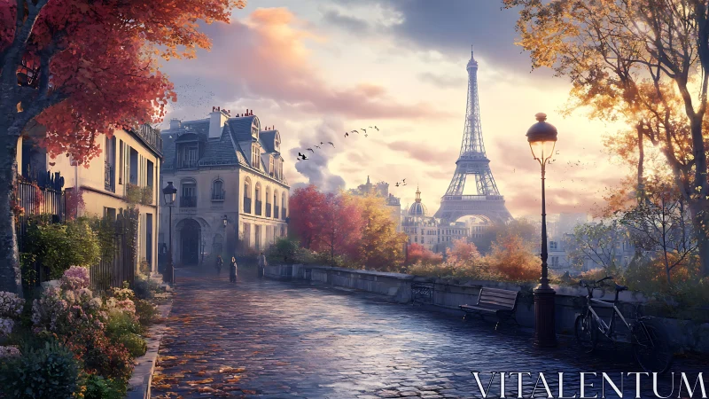 Paris riverside street in autumn with Eiffel Tower view.